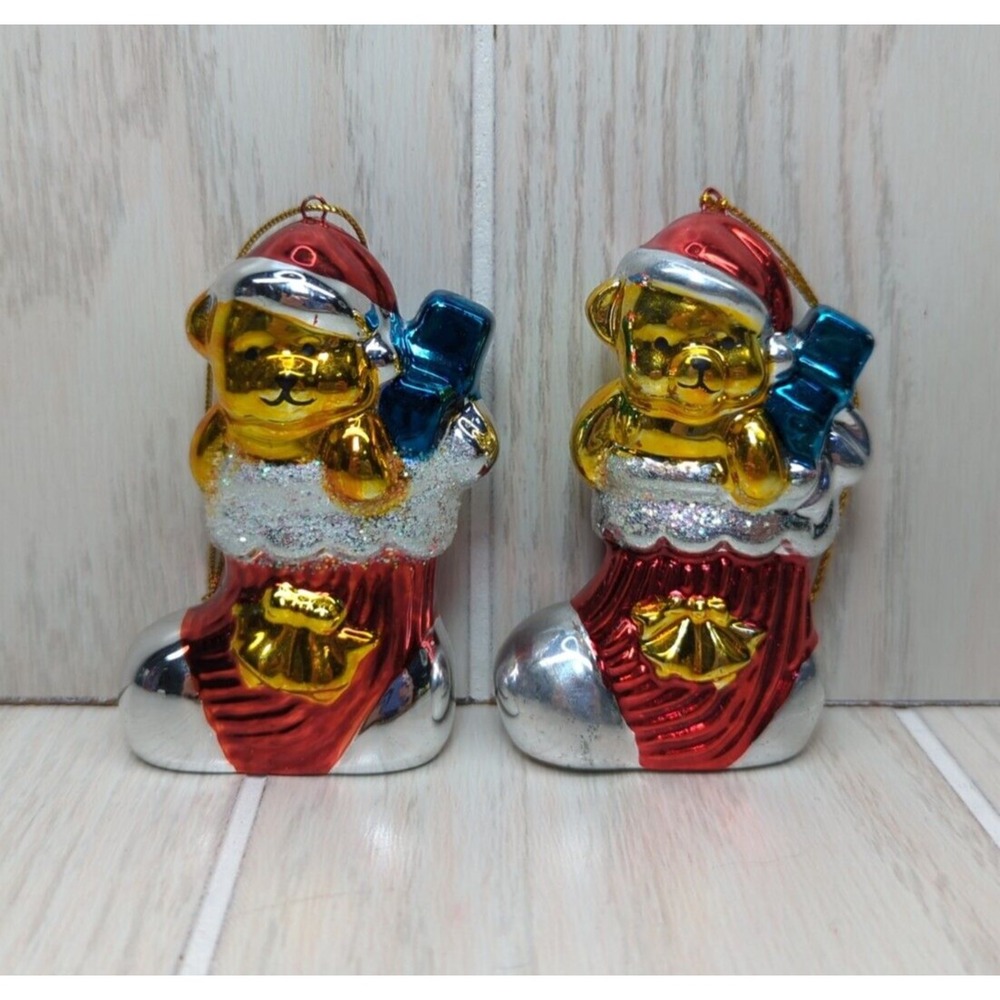 Gold Teddy Bears in Christmas stockings wearing Santa hats Tree Ornaments